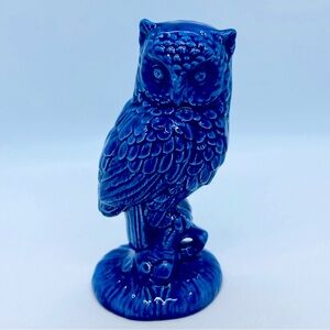 Blue Glazed Ceramic Owl Figurine Glossy Perched Owl Statue Decor 5.5 Inches Tall